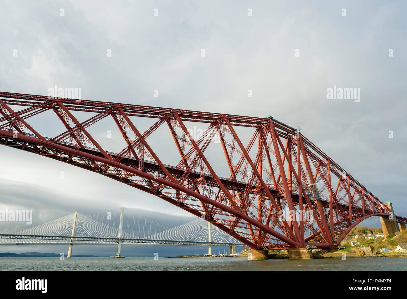The Forth Bridge, Forth Road Bridge and Queensferry Crossing. Stock Photo