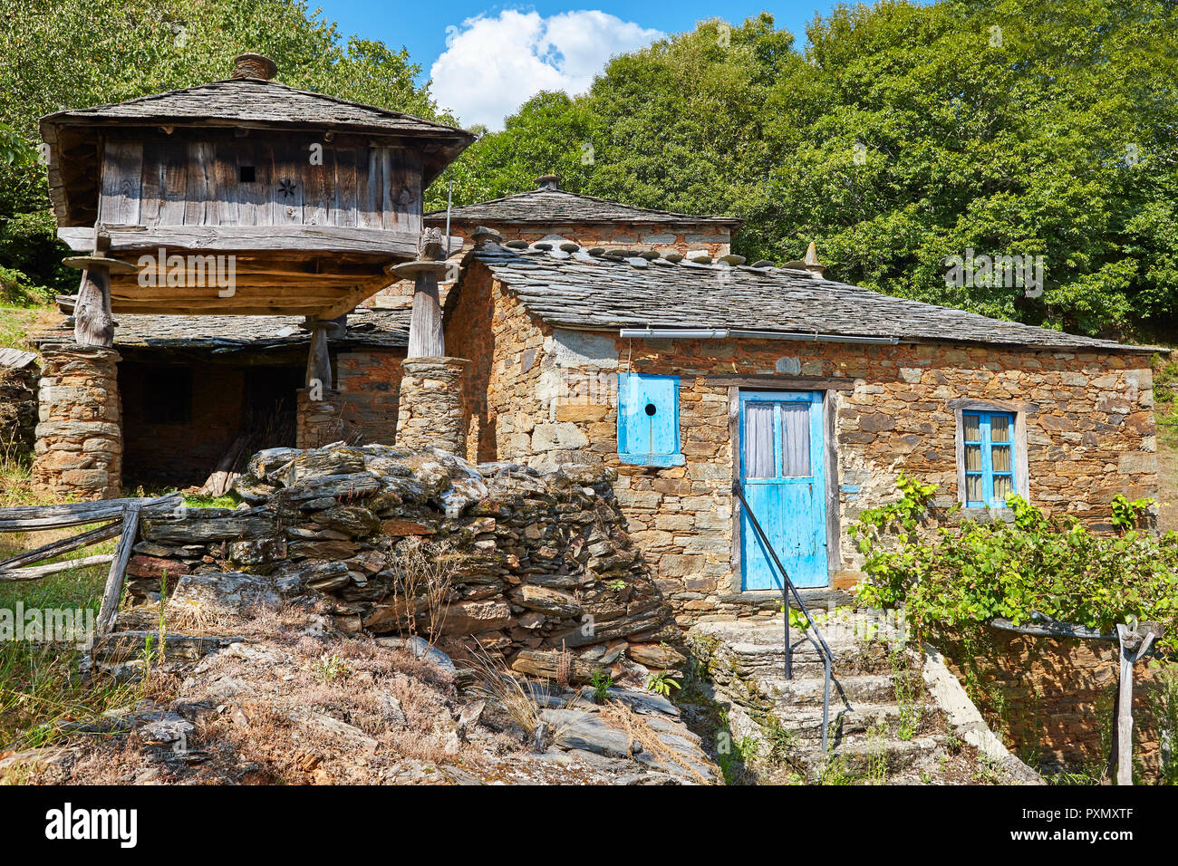 Traditional stone construction village with horreo storage in Asturias. Spain Stock Photo