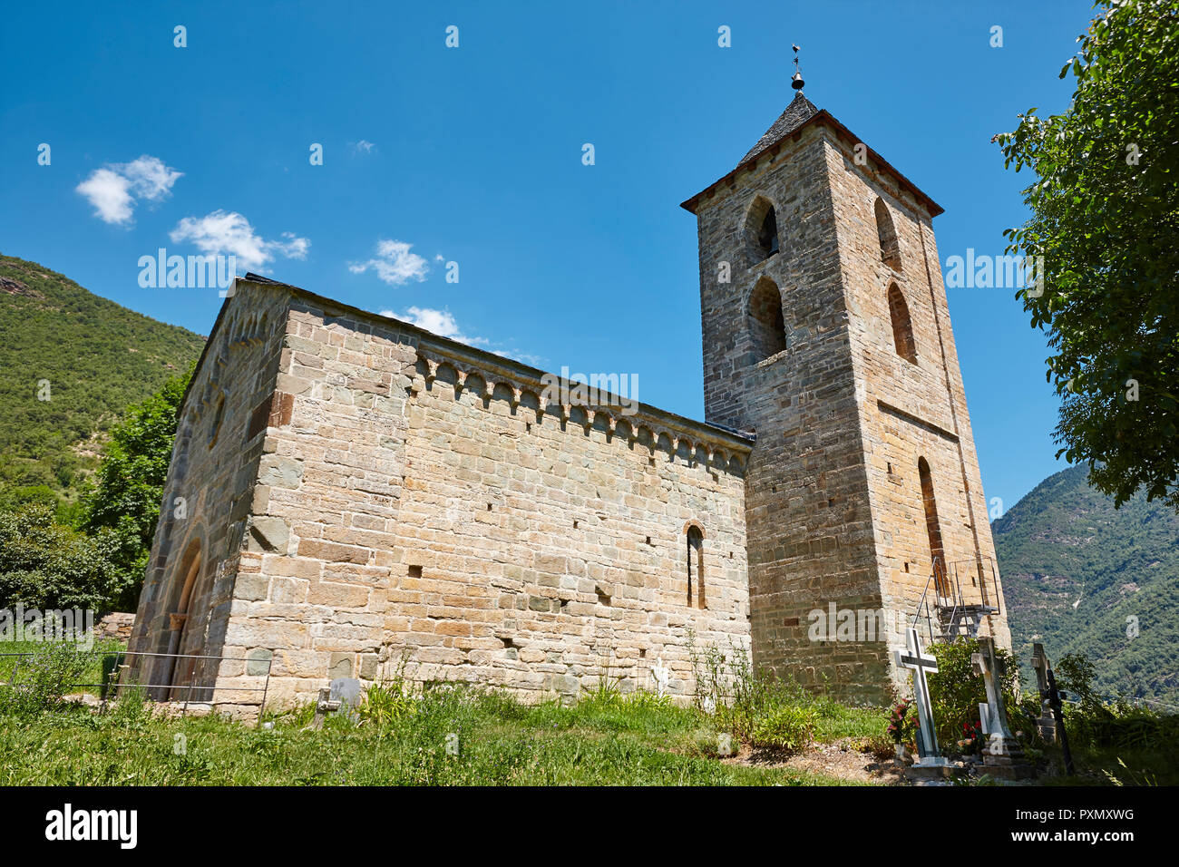 Spanish romanesque art. LAssumpcion de Coll church. Boi valley Stock Photo