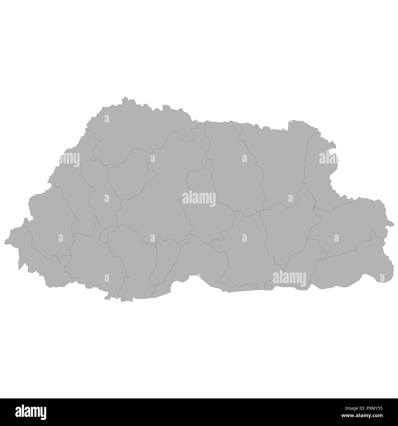 High quality map of Bhutan with borders of the regions on white background Stock Vector
