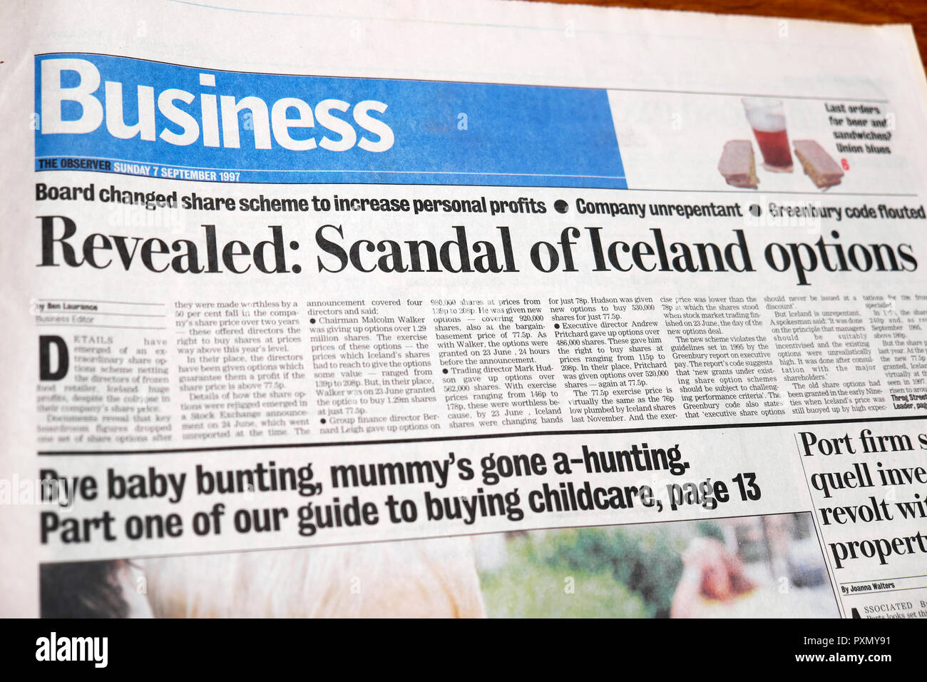 'Revealed: Scandal of Iceland options'  newspaper article in the business section of The Observer  UK September 1997 Stock Photo