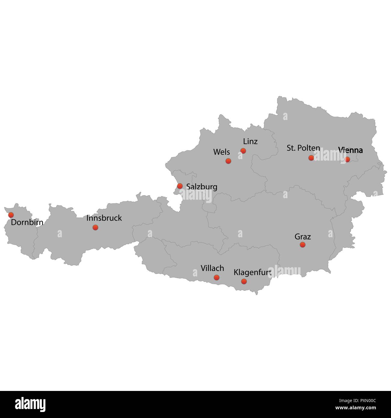 detailed map of the Austria with cities Stock Vector