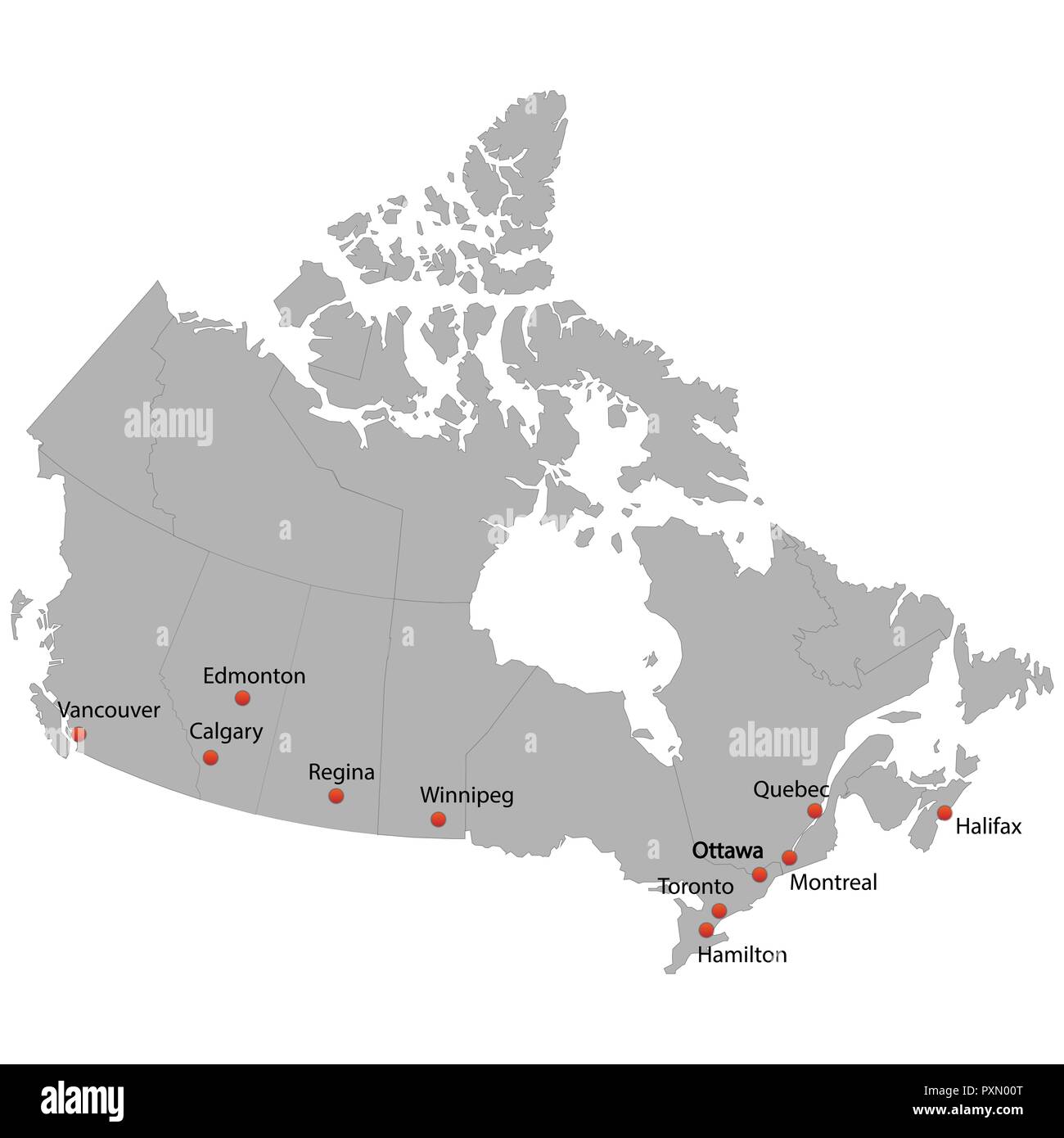 detailed map of the Canada with cities Stock Vector