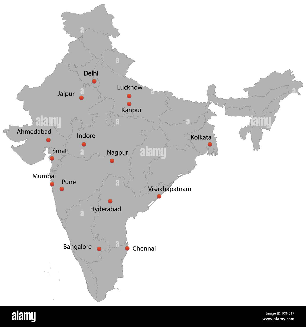detailed map of the India with cities Stock Vector