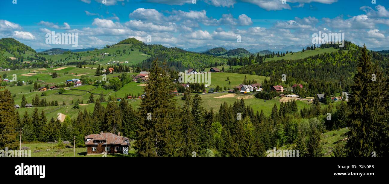 The village Piatra Fantanel, about 1000 m high in the Carpathian mountains, is a very popular tourist destination in summer an winter. Stock Photo