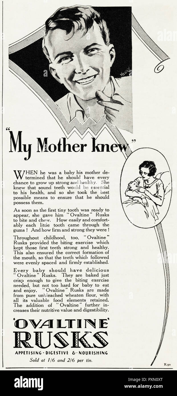 1930s old vintage original advert advertising Ovaltine Rusks for growing babies in English magazine circa 1932 Stock Photo