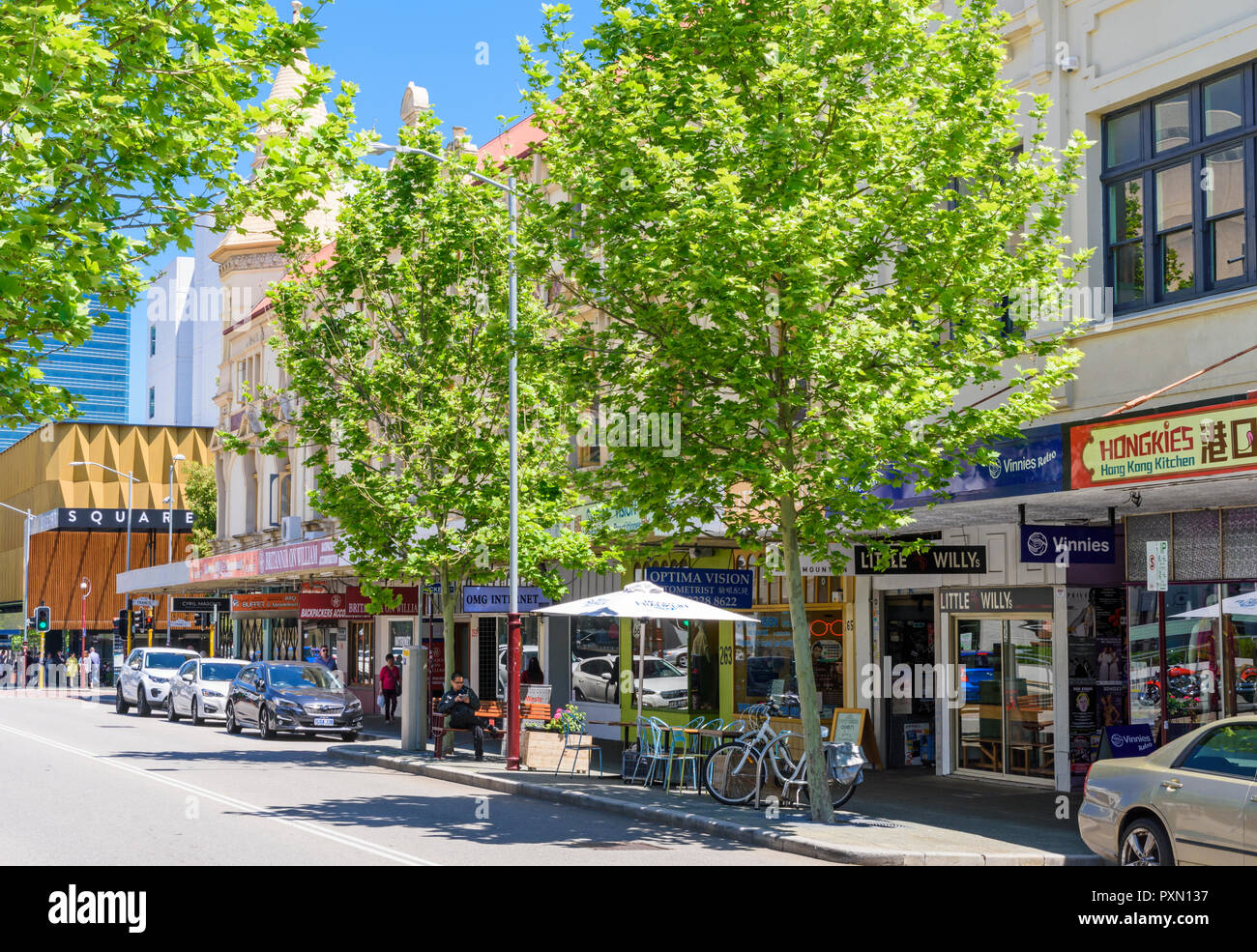 Cafe and restaurant lined William Street in Northbridge, Perth, Western