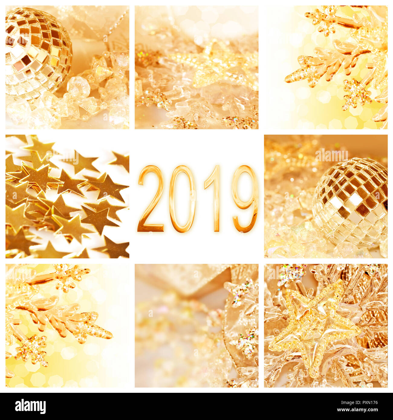 2019, golden christmas ornaments collage square greeting card Stock Photo