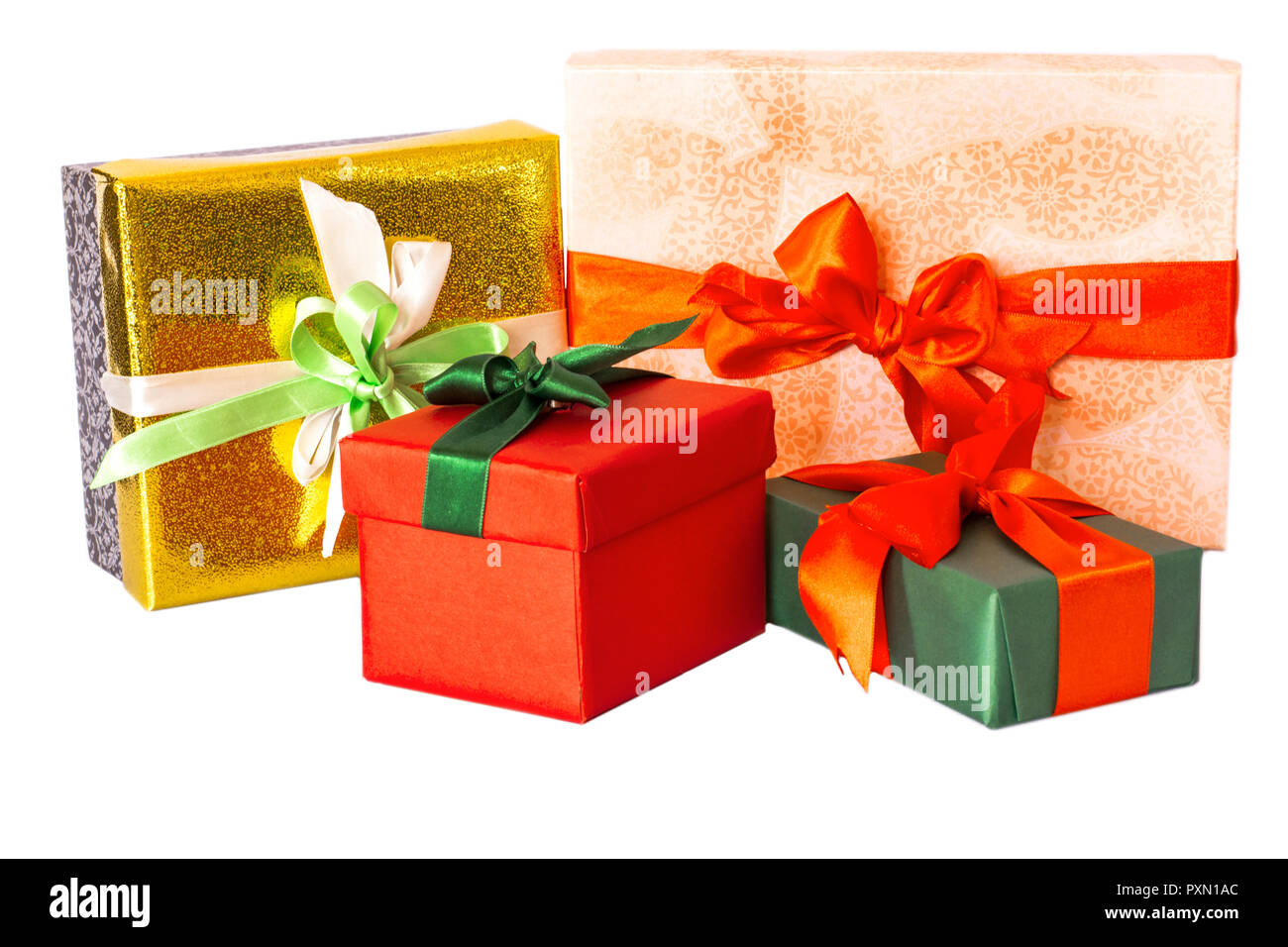 Group of presents and gift boxes isolated on white Stock Photo