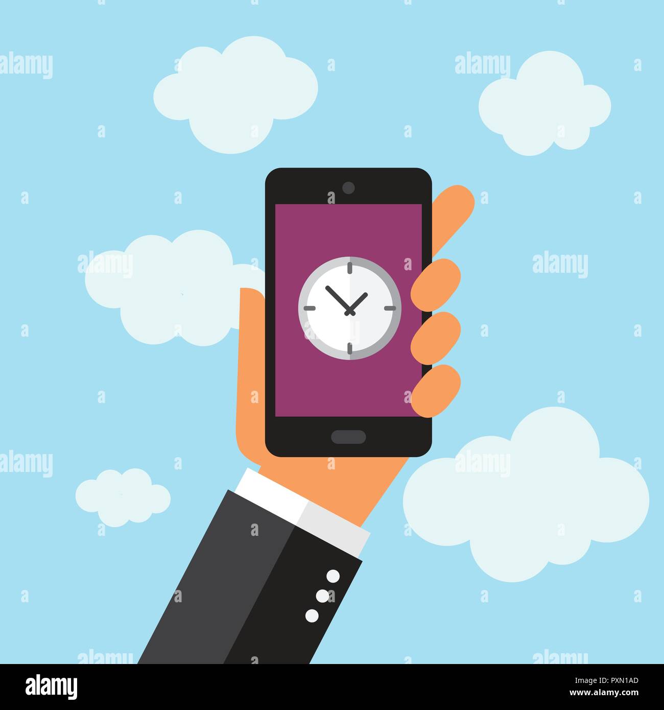 A businessman holding a phone. Clock icon. Illustration in vectors. Stock Vector