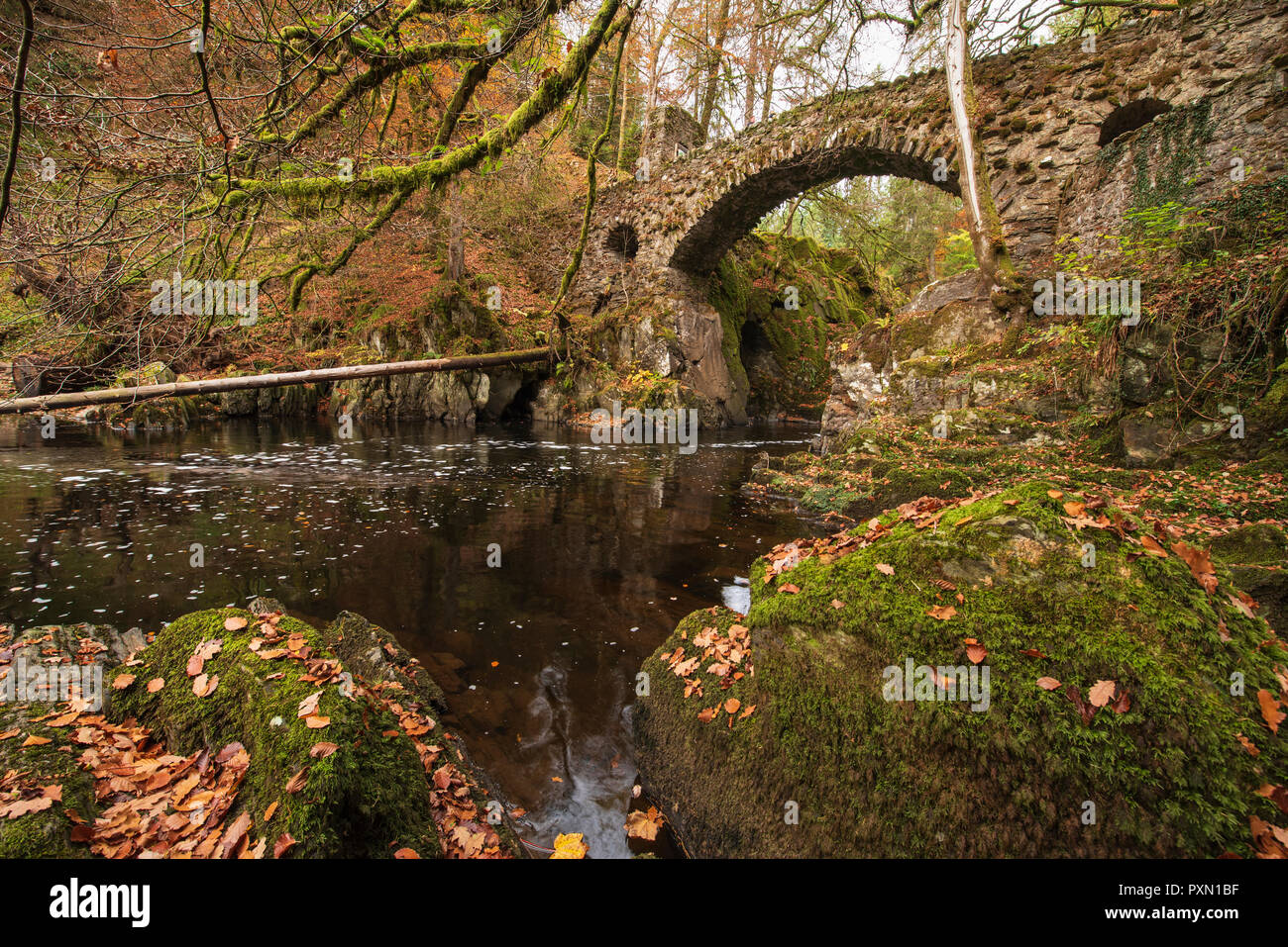 The river Braan flowing under the stone bridge at he Hermitage near Dunkeld, Perthshire, Scotland. Stock Photo