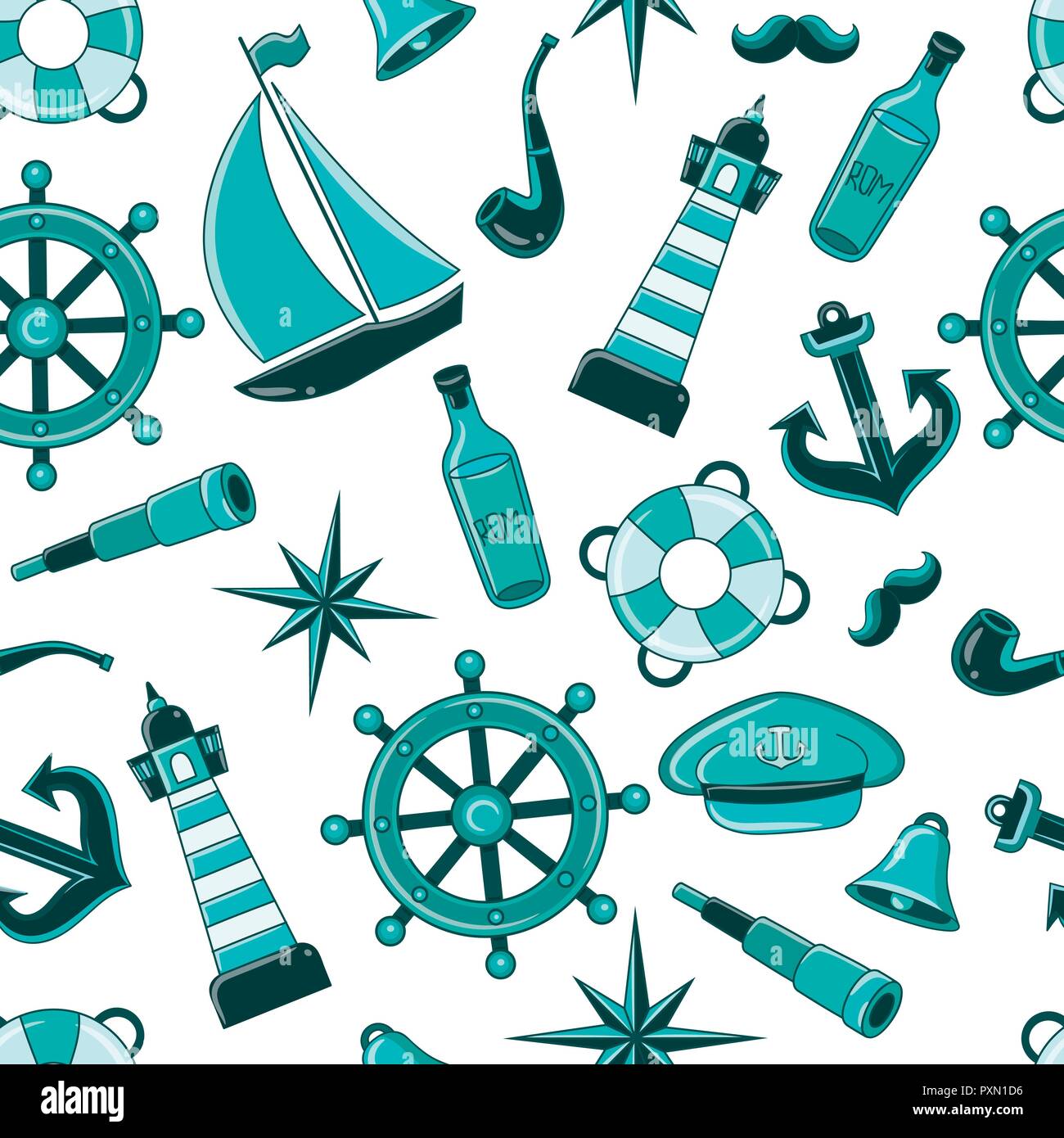 Sailor pattern. Seamless pattern of a pirate ship and attributes. hand ...