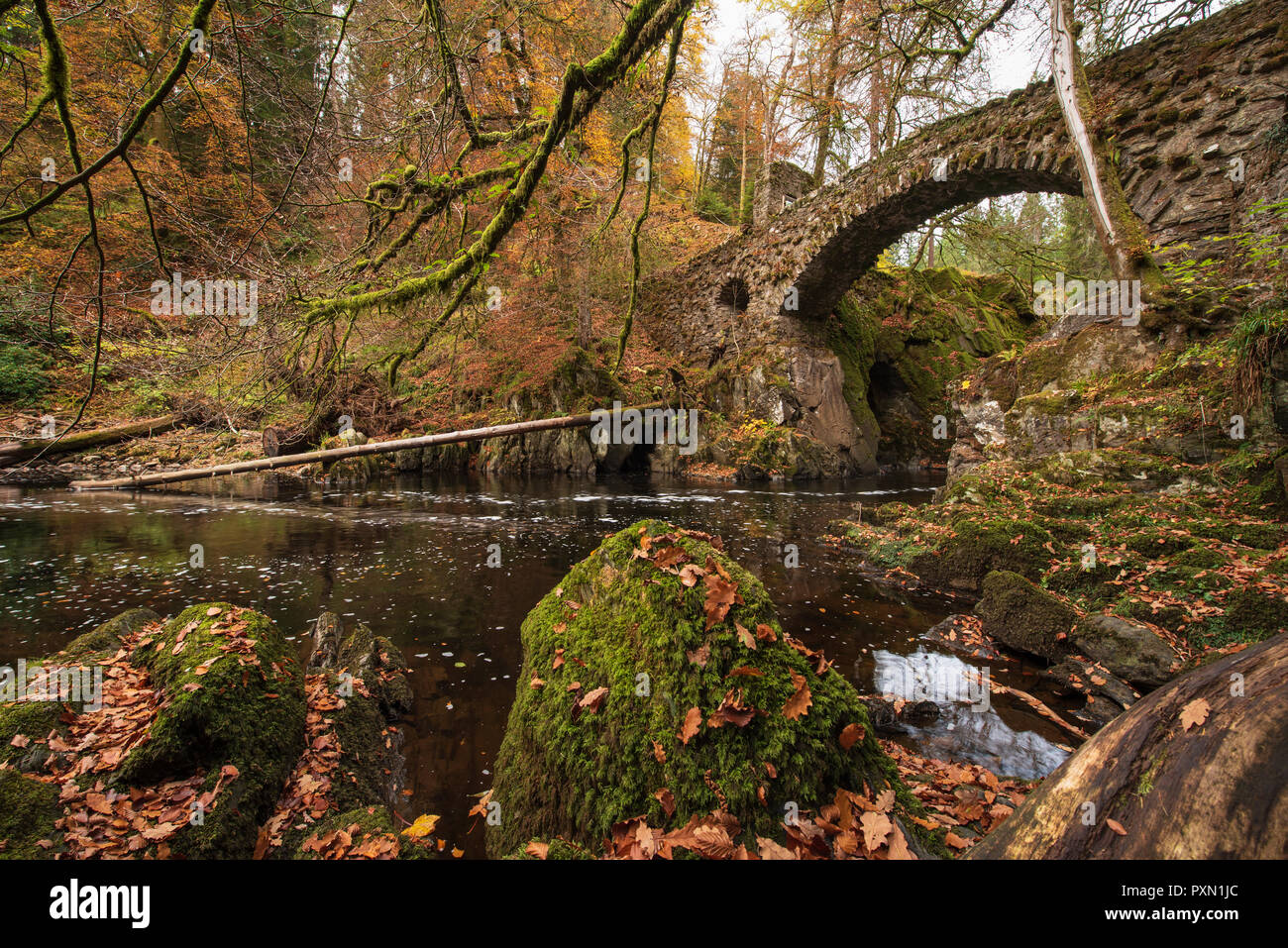The river Braan flowing under the stone bridge at he Hermitage near Dunkeld, Perthshire, Scotland. Stock Photo