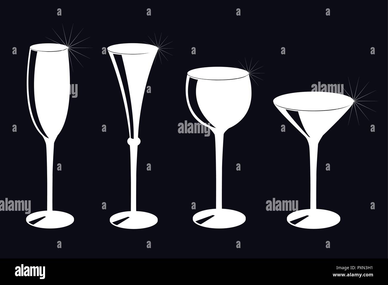set of different drinking glasses silhouette on black background vector illustration EPS10 Stock Vector
