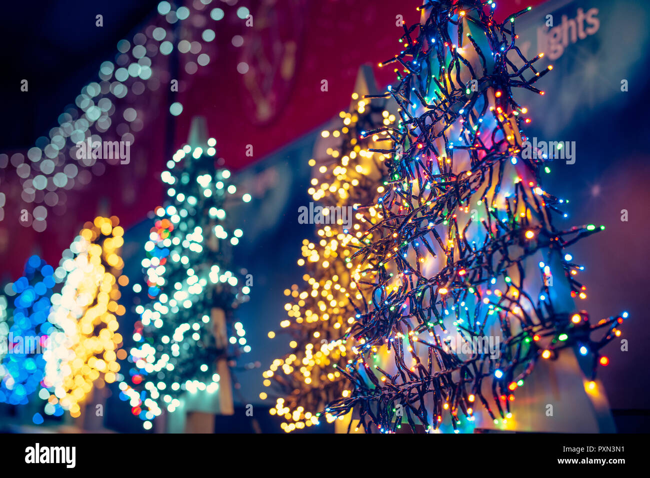 Various Colorful Glowing Christmas Led Lights Garlands In The Shop