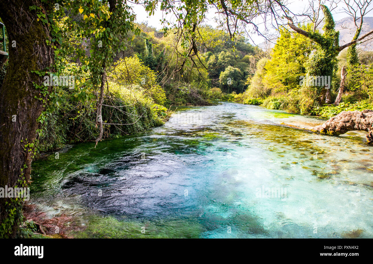 The Blue Eye - Syri i Kaltër, water spring near Muzinë in Vlorë County, southern Albania, Europe Stock Photo