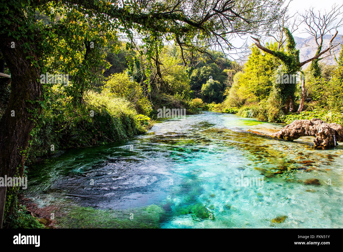 The Blue Eye - Syri i Kaltër, water spring near Muzinë in Vlorë County, southern Albania, Europe Stock Photo