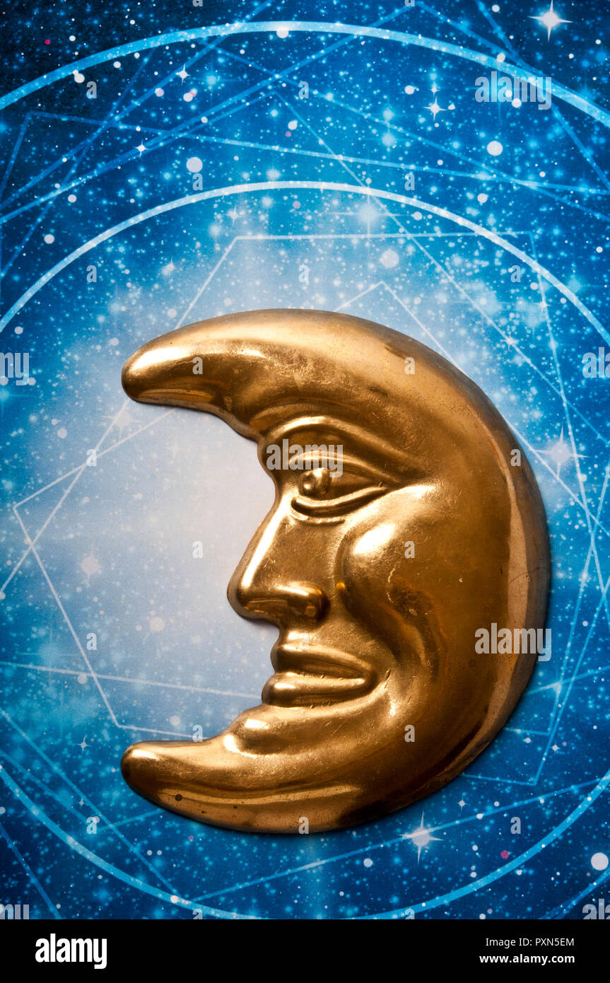 moon with face, decorative object astral chart Stock Photo