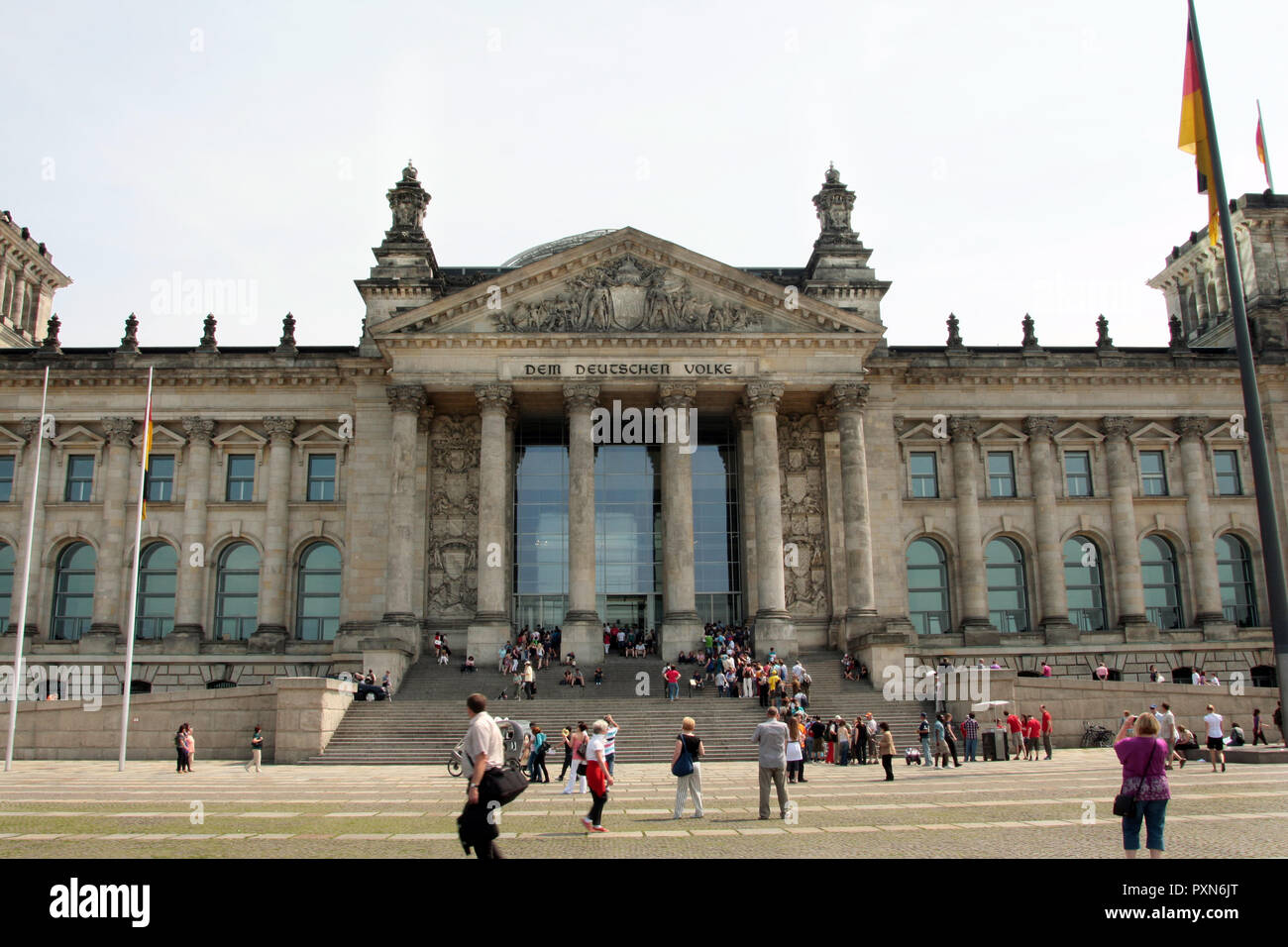The grand façade and entrance to the Reichstag which is home to the German parliament, and seat of government, in Berlin, Germany. Stock Photo