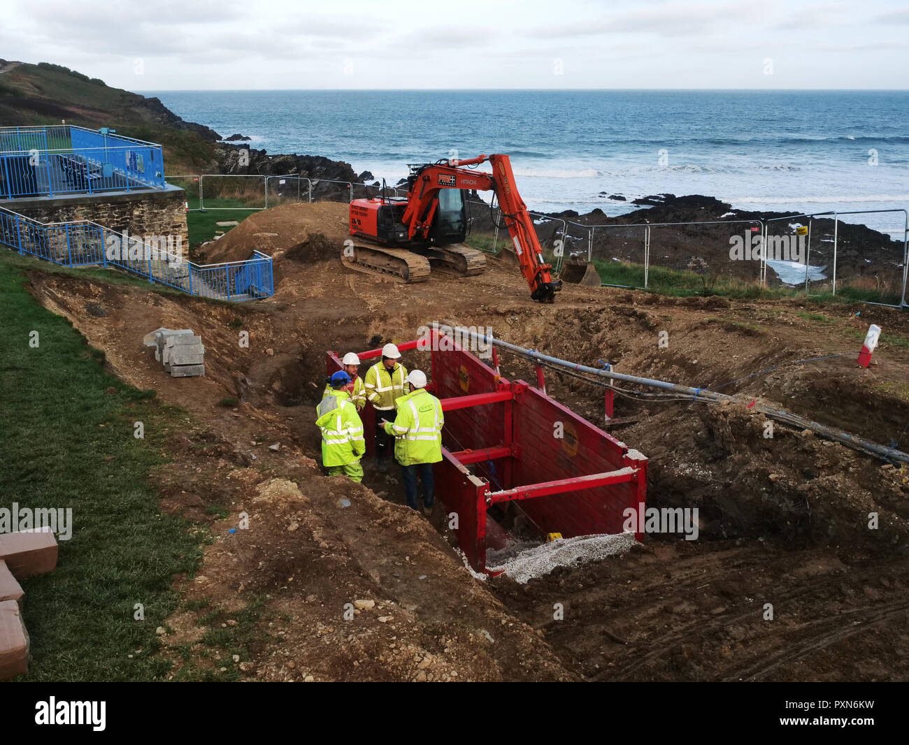 south West Water major sewage leak to sea Fistral Bay October 2018 Stock Photo