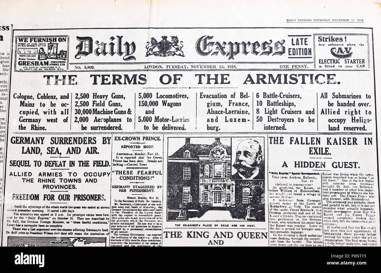 World War I  'The Terms of the Armistice' November 12 1918 reproduced in the November 11 1943 issue of the Daily Express newspaper London England UK Stock Photo