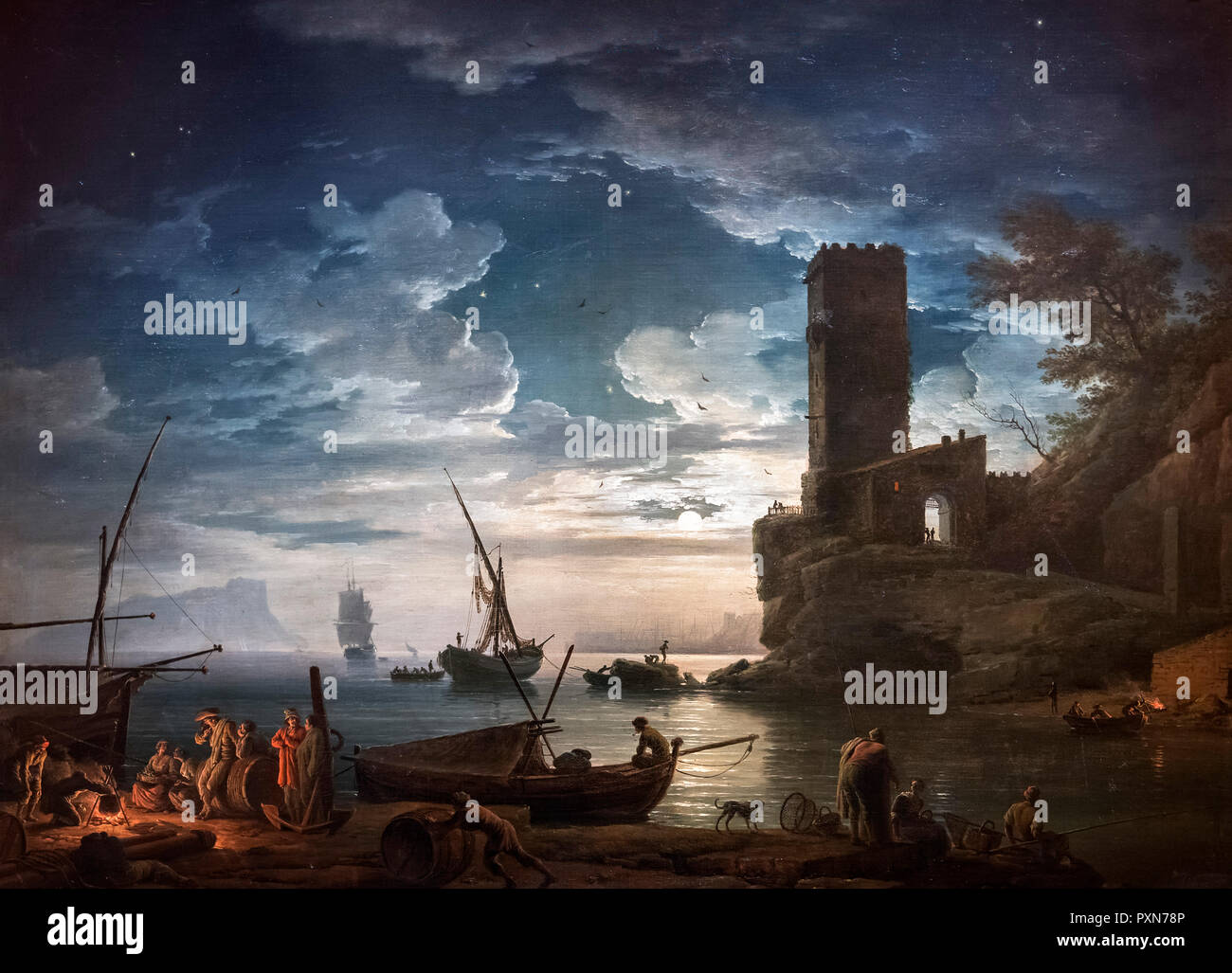 Night; Mediterranean Coast Scene with Fishermen and Boats by Claude Joseph Vernet (1714-1789), oil on canvas, 1753 Stock Photo