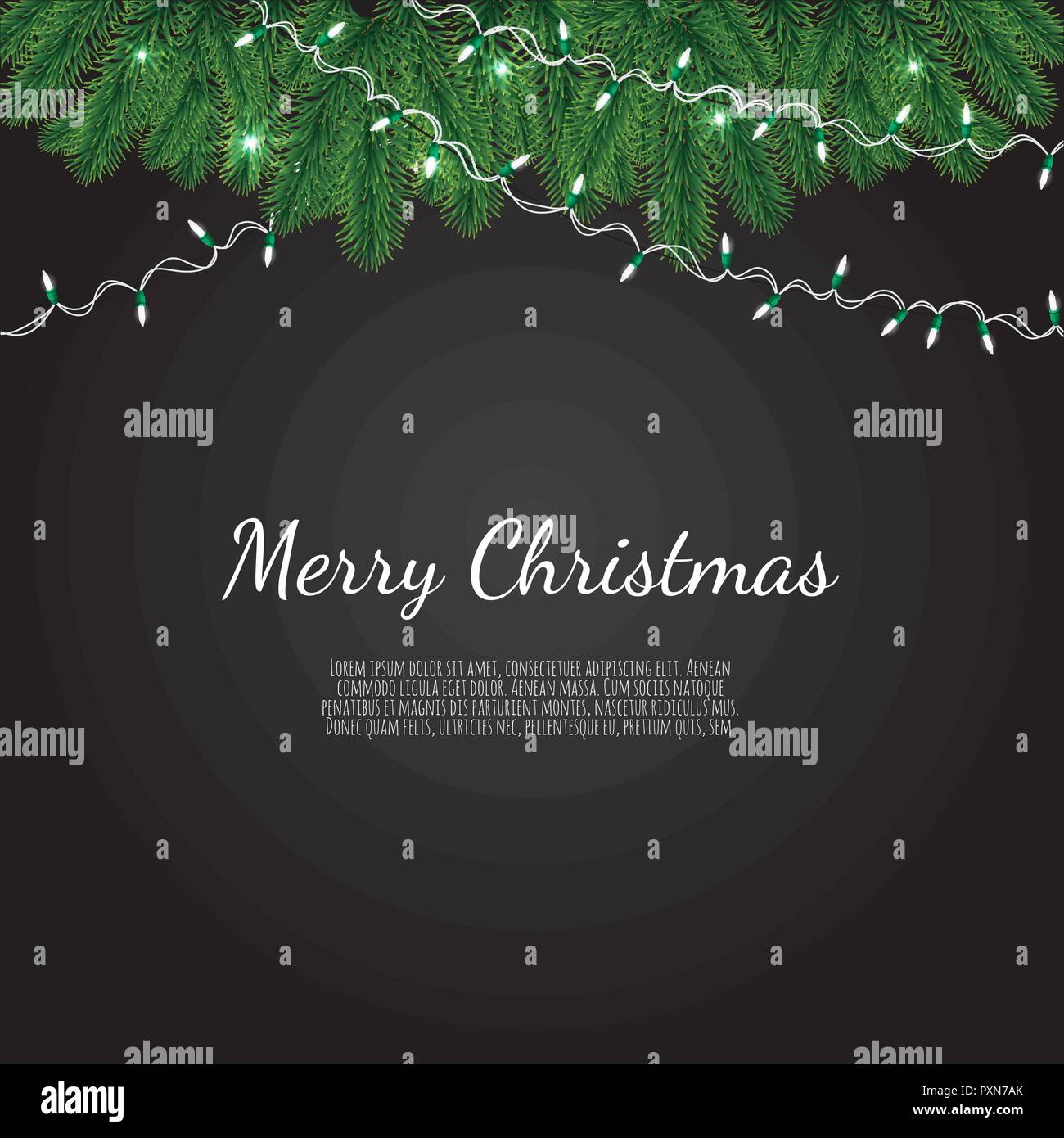 Banner with vector christmas tree branches and space for text. Realistic fir-tree border, frame isolated on white Stock Vector