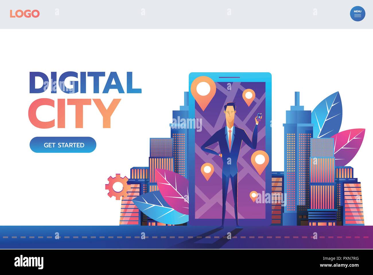 Landing Page Template. Mobile navigation concept vector illustration. Man standing in front of smartphone with gps city map on screen and route. Check-in symbols. Flat design. Stock Vector