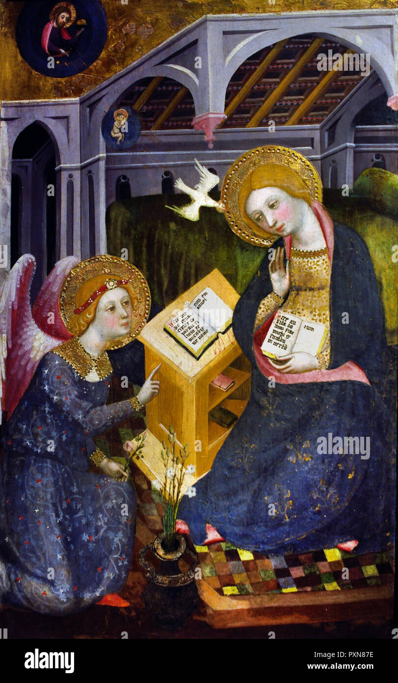 Annunciation 1400 - 1405 by Pere Serra 15th Century  Italy, Italian.Annunciation, blessed, Virgin Mary, the announcement by the ,angel Gabriel, Mary that she would conceive, bear a son through a, virgin birth, become the, mother of Jesus Christ, Christian Messiah and Son of God, Incarnation, Stock Photo