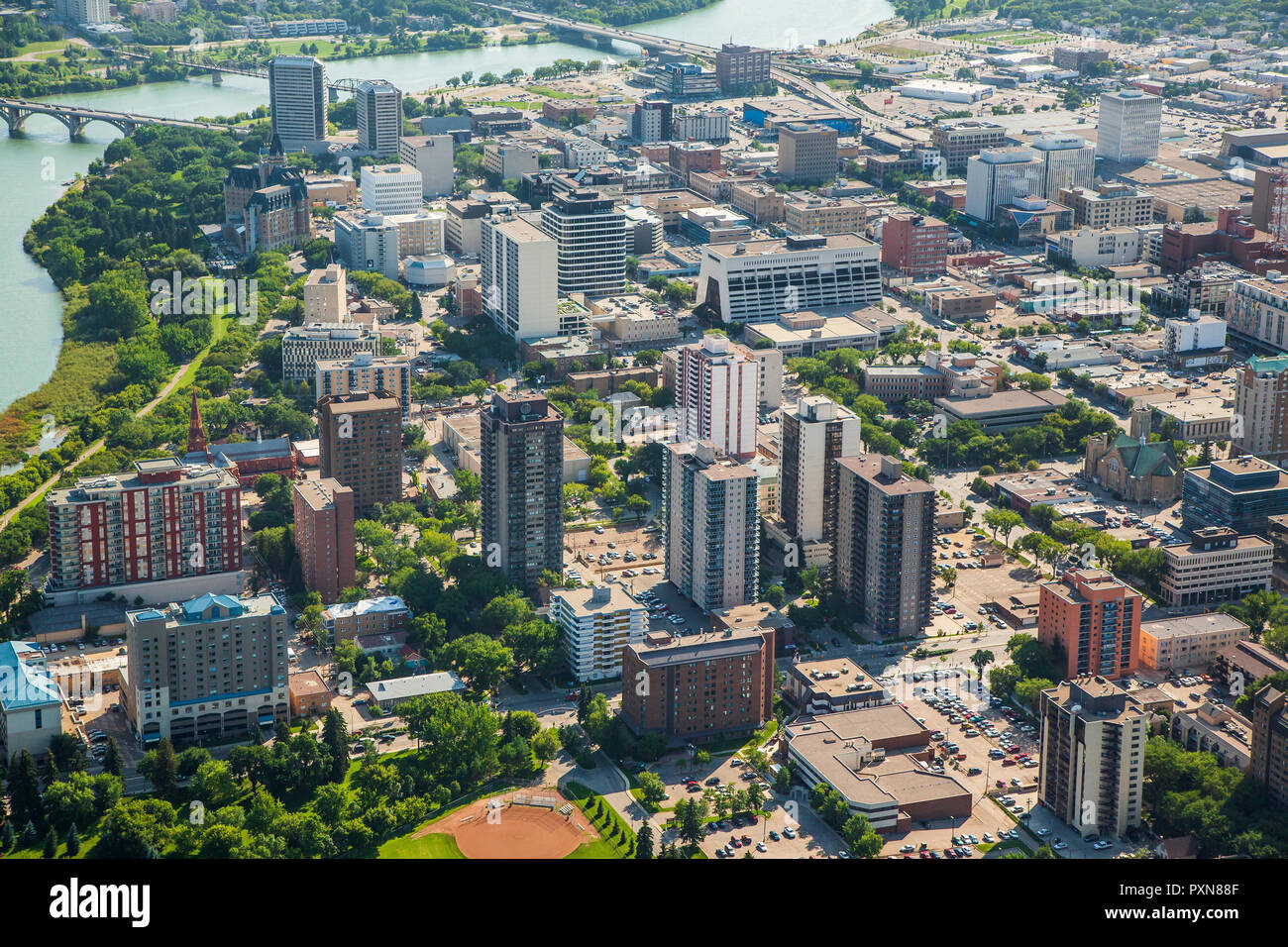 Aerial view of city of Saskatoon and South Saskatchewan River Stock