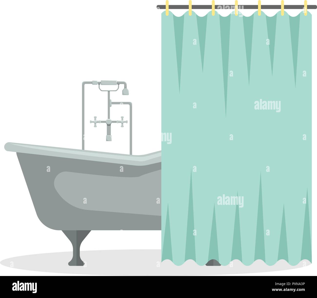 Flat vector illustration. A roll-top bath with shower curtain. An isolated figure. Stock Vector