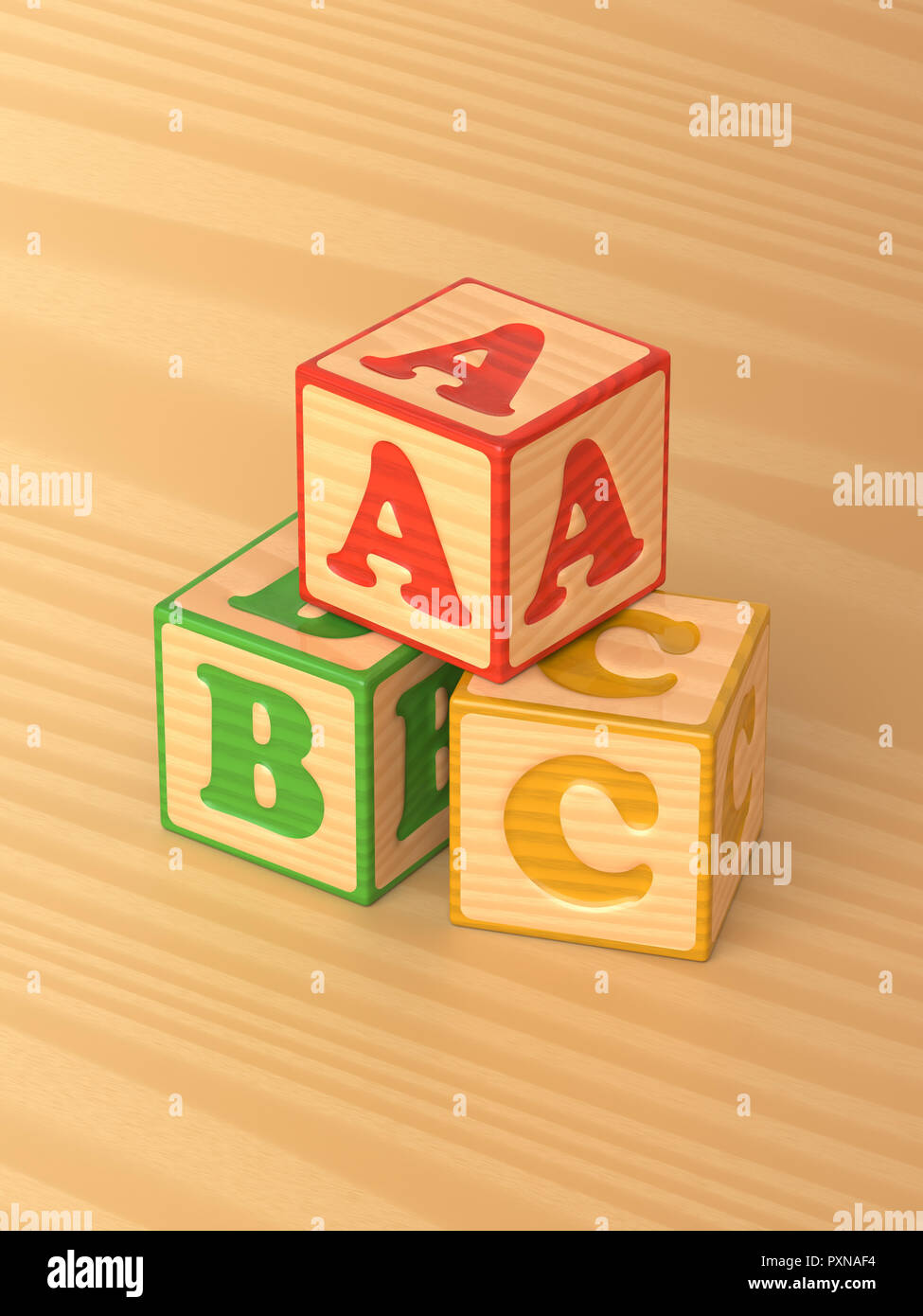 3d rendered angled view of a pyramid of red, green and yellow wooden toy alphabet blocks on a light wood background. Stock Photo