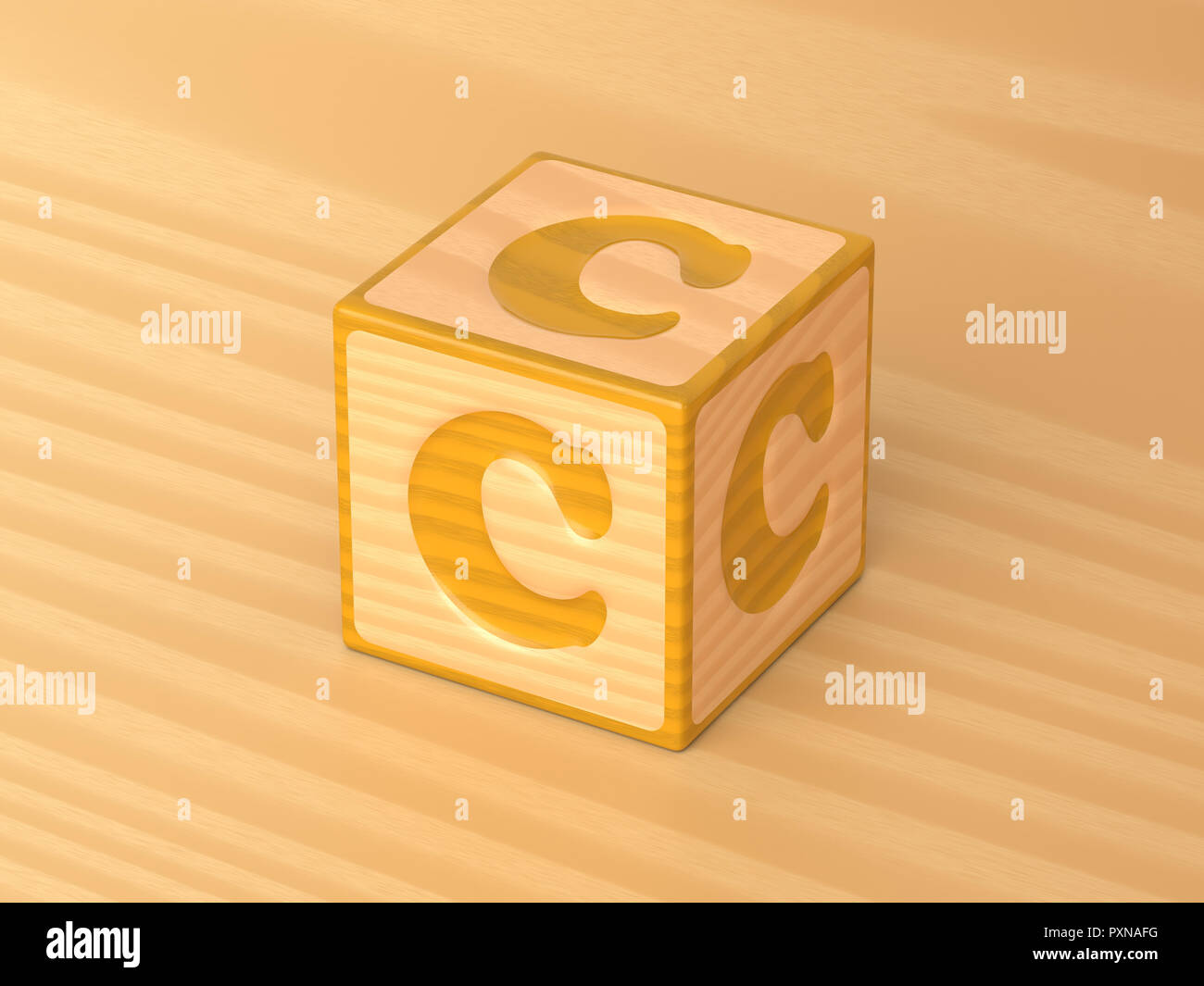 3d rendered angled view of a single yellow wooden toy alphabet block of the letter c on a light wood background. Stock Photo