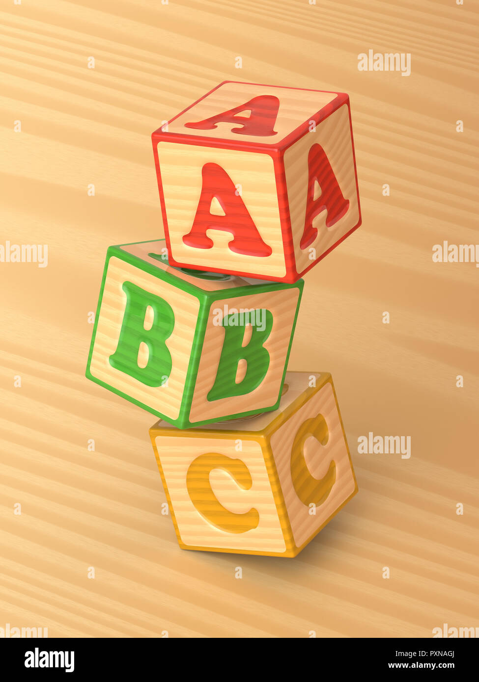 3d rendered angled view of tumbling red, green and yellow wooden toy alphabet blocks on a light wood background. Stock Photo