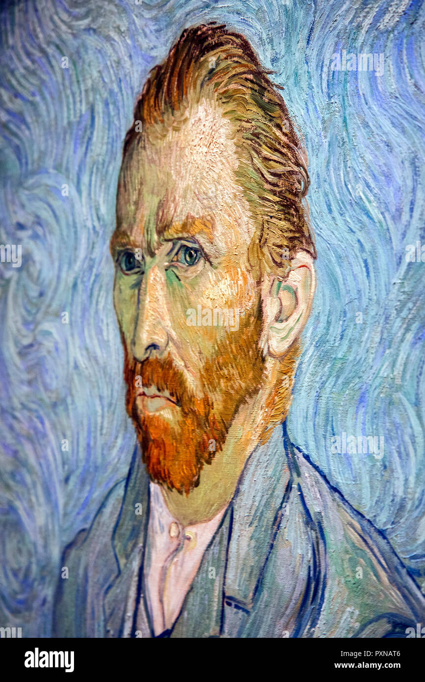 Vincent van Gogh selfportrait of 1889 in the Musee d'Orsay Paris, photographed at an oblique angle. Stock Photo