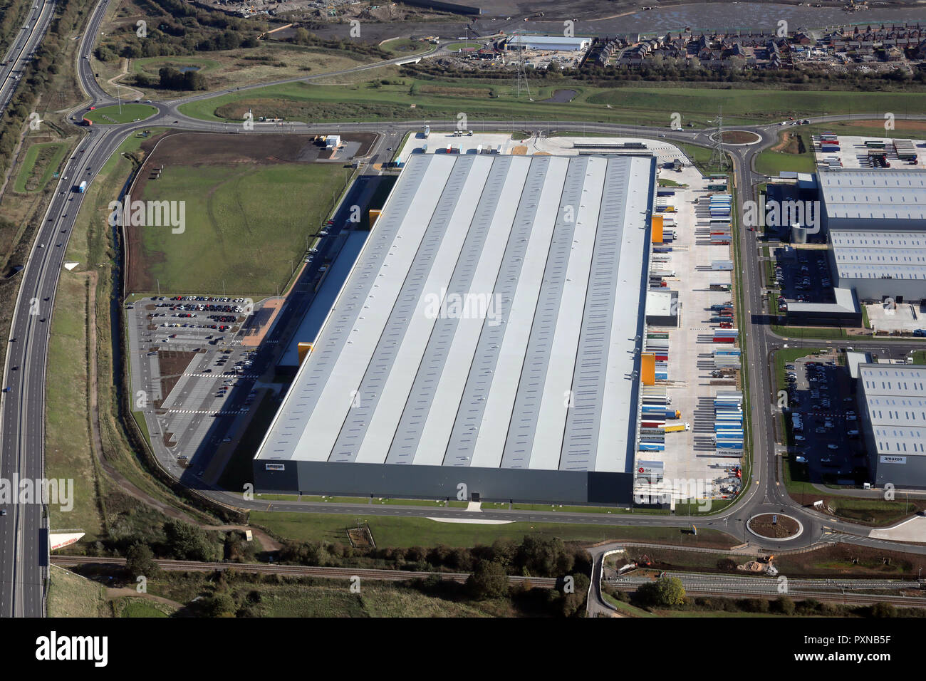 aerial view of the new Amazon UK Services Ltd building, Doncaster, South Yorkshire Stock Photo