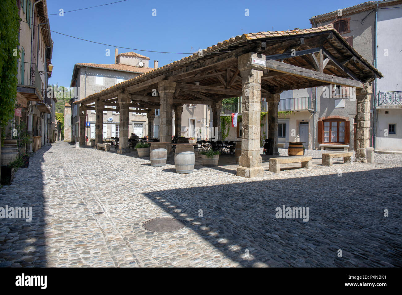 The medieval covered market at agrasse Stock Photo