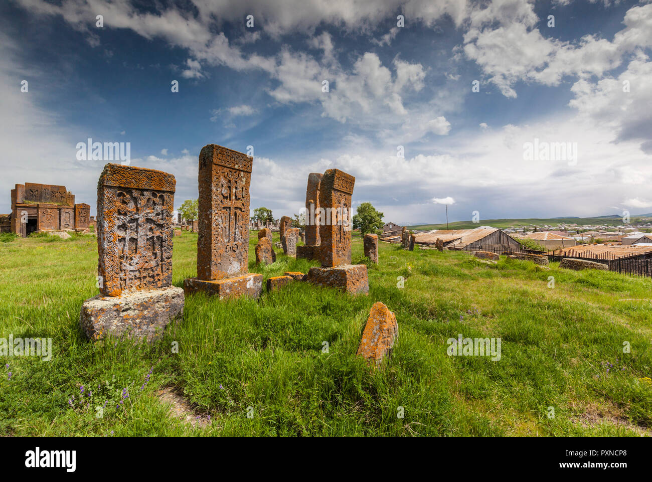 Armenia, Lake Sevan, Noratus, town cemetery, ancient khachkar monuments Stock Photo