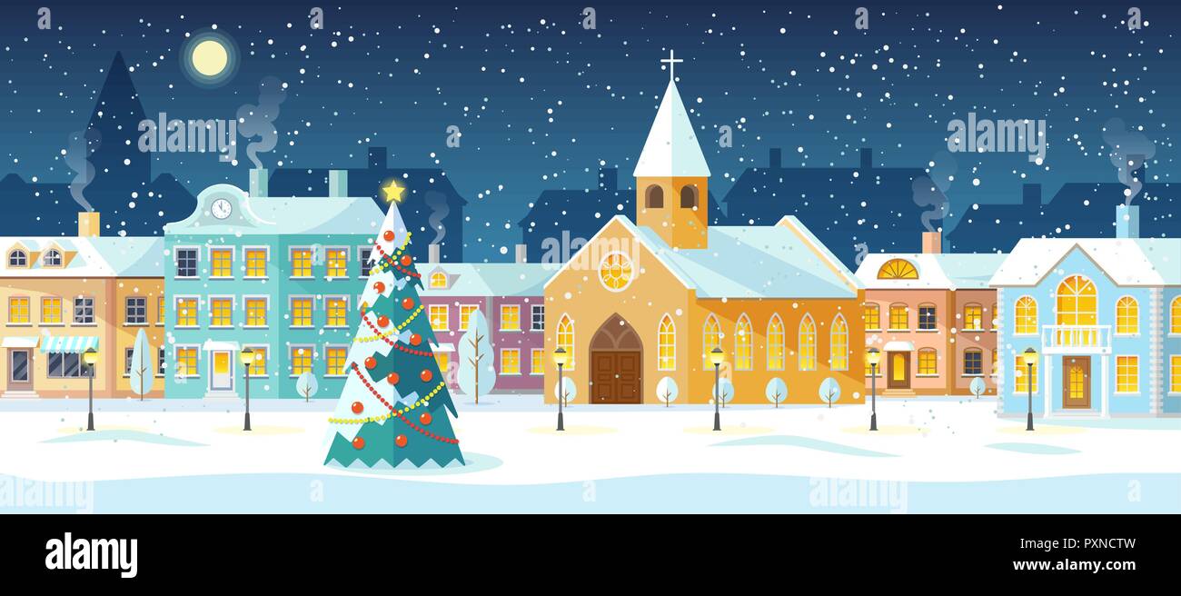 Snowy night in cozy christmas town city panorama. Snowy street with Christmas tree. Winter christmas village night landscape. Stock Vector