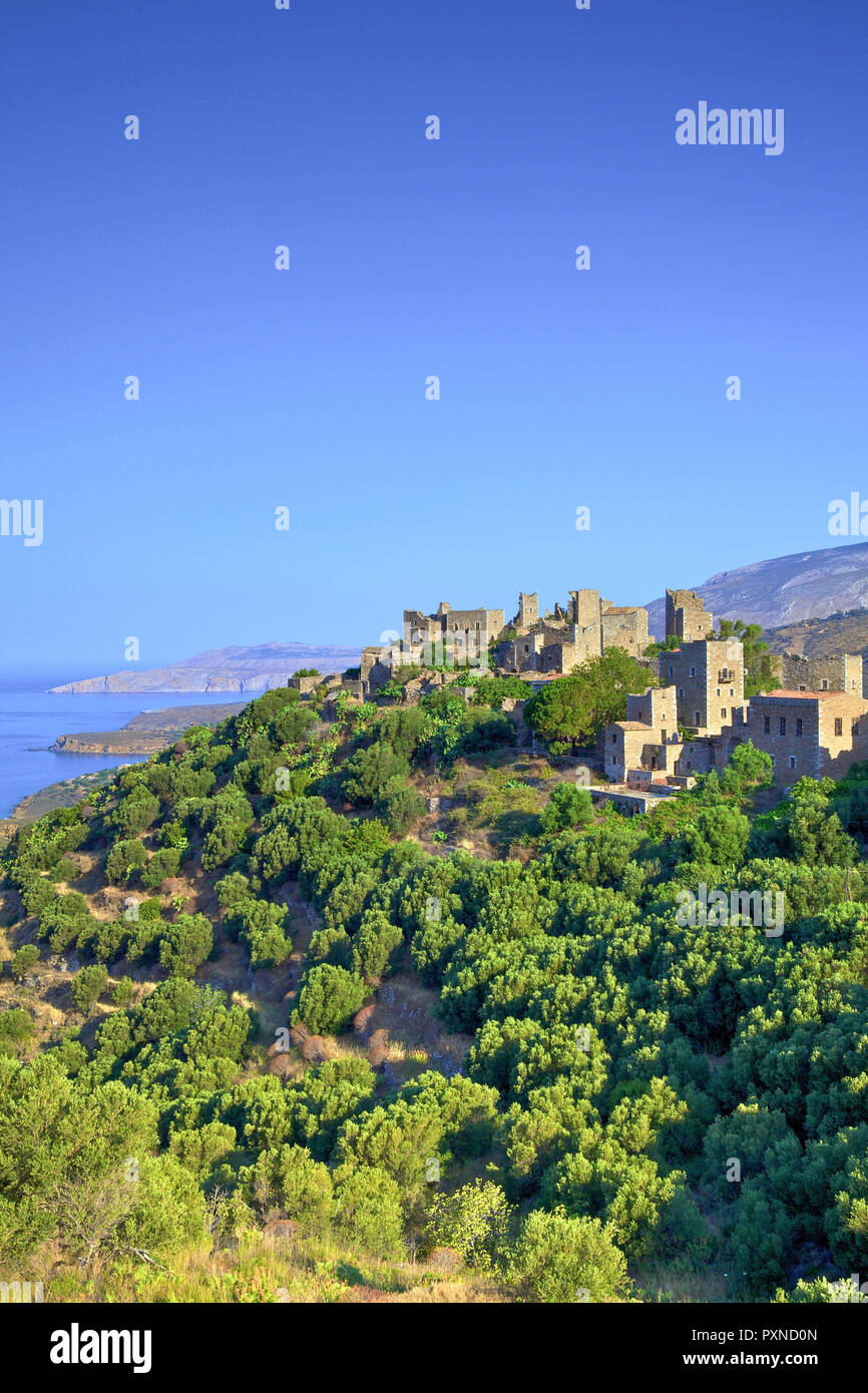 Towered Village of Vathia, Mani Peninsula, The Peloponnese, Greece, Southern Europe Stock Photo