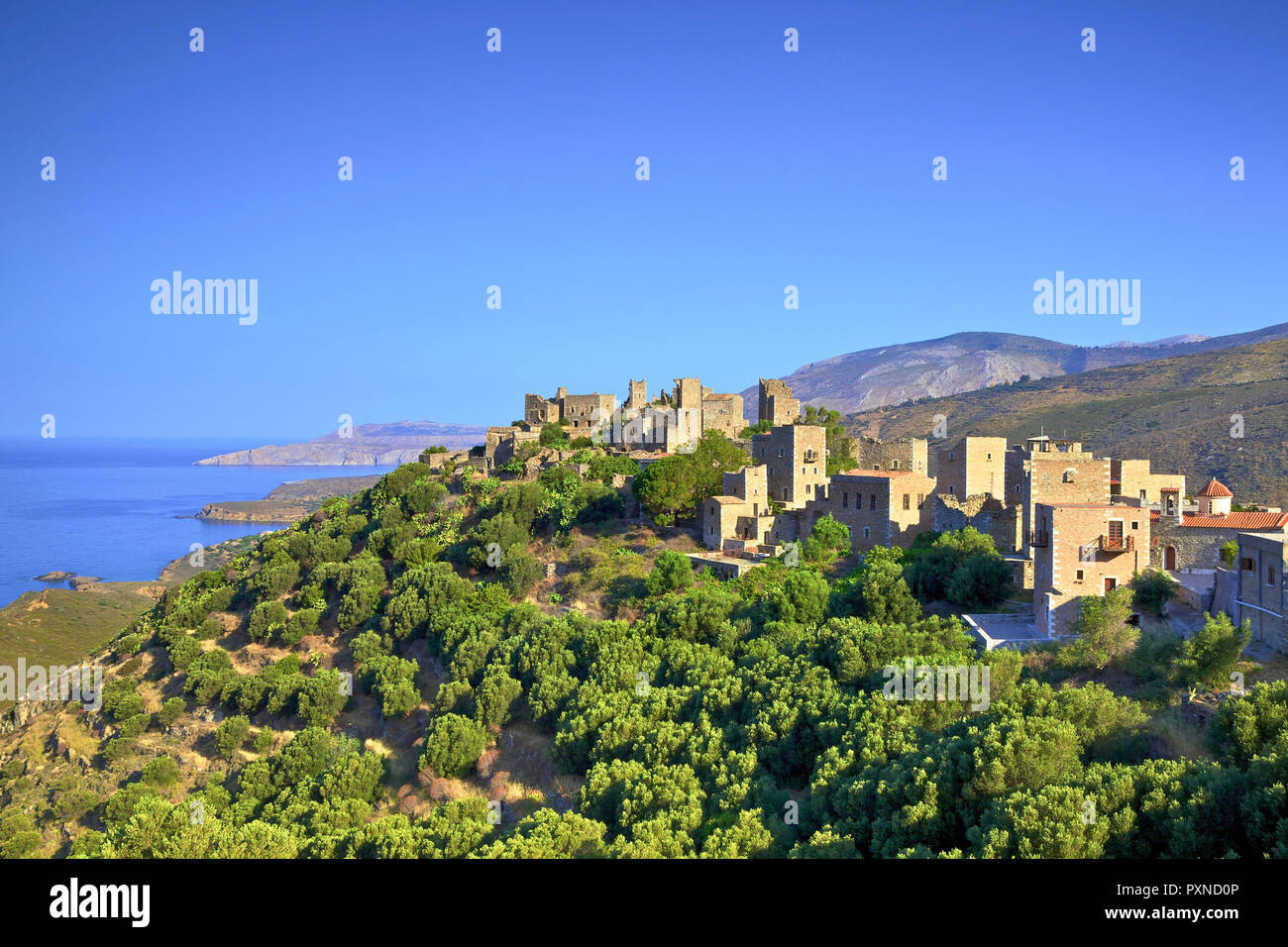 Towered Village of Vathia, Mani Peninsula, The Peloponnese, Greece, Southern Europe Stock Photo