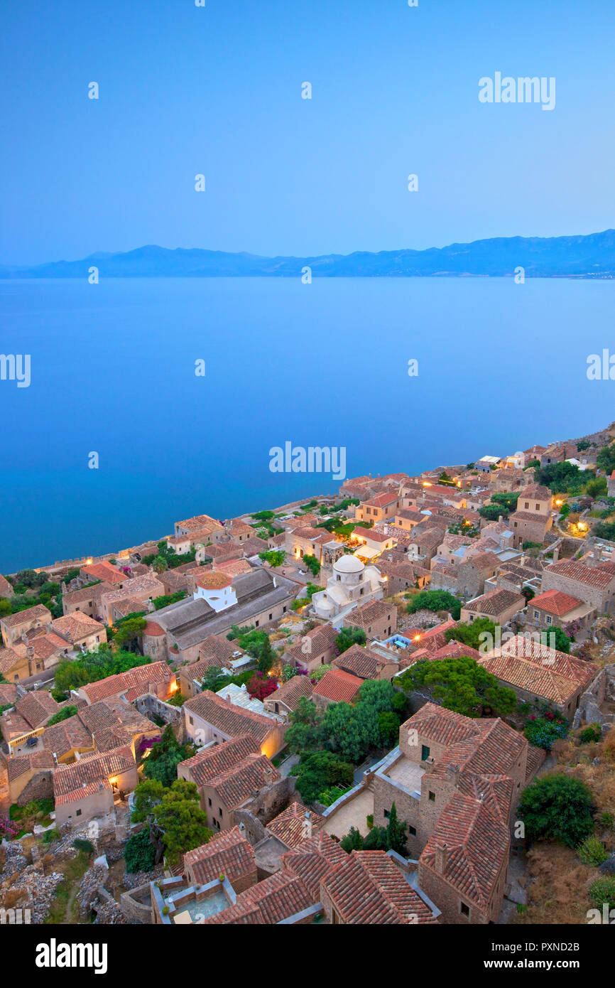 Monemvasia at Dusk, Laconia, The Peloponnese, Greece, Southern Europe Stock Photo