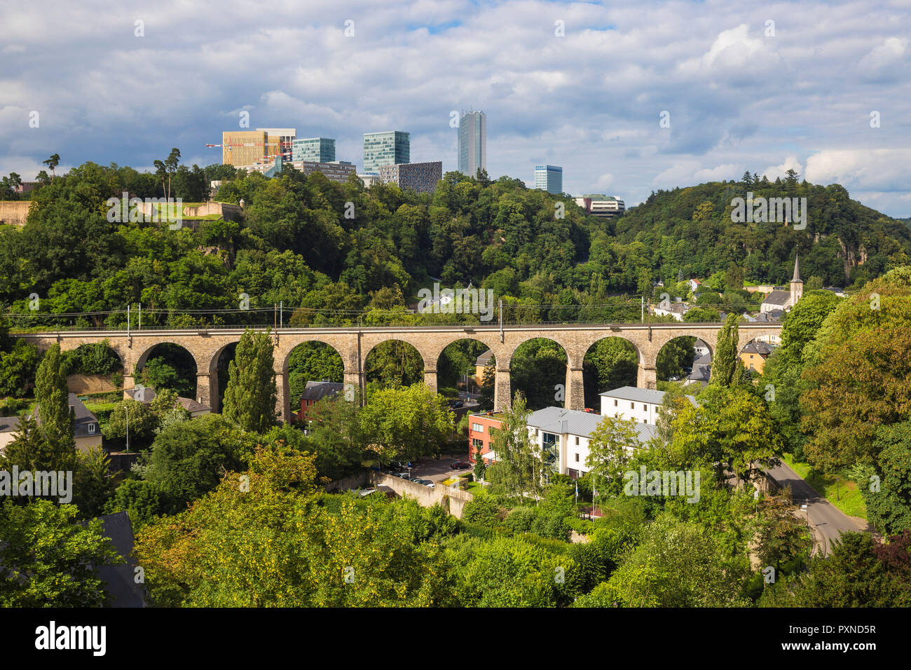 Luxembourg, Luxembourg City, View of Pfaffenthal train viaduct and Kirchberg plateau Stock Photo