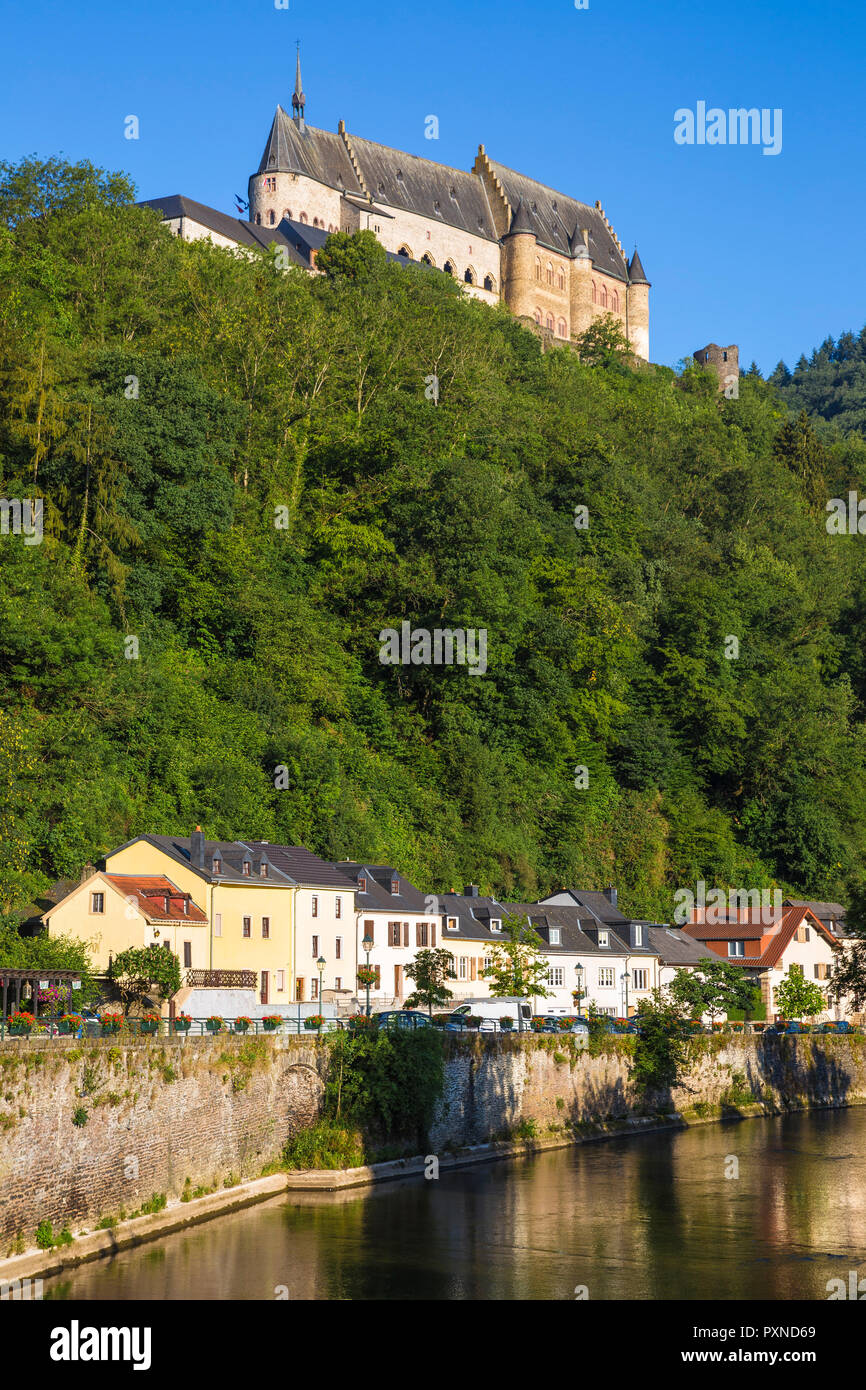 Luxembourg, Vianden, View of Vianden Castle above the town and Our River Stock Photo