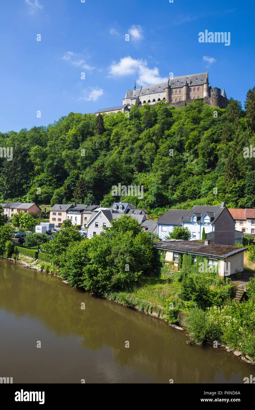 Luxembourg, Vianden, View of Vianden Castle above the town and Our River Stock Photo