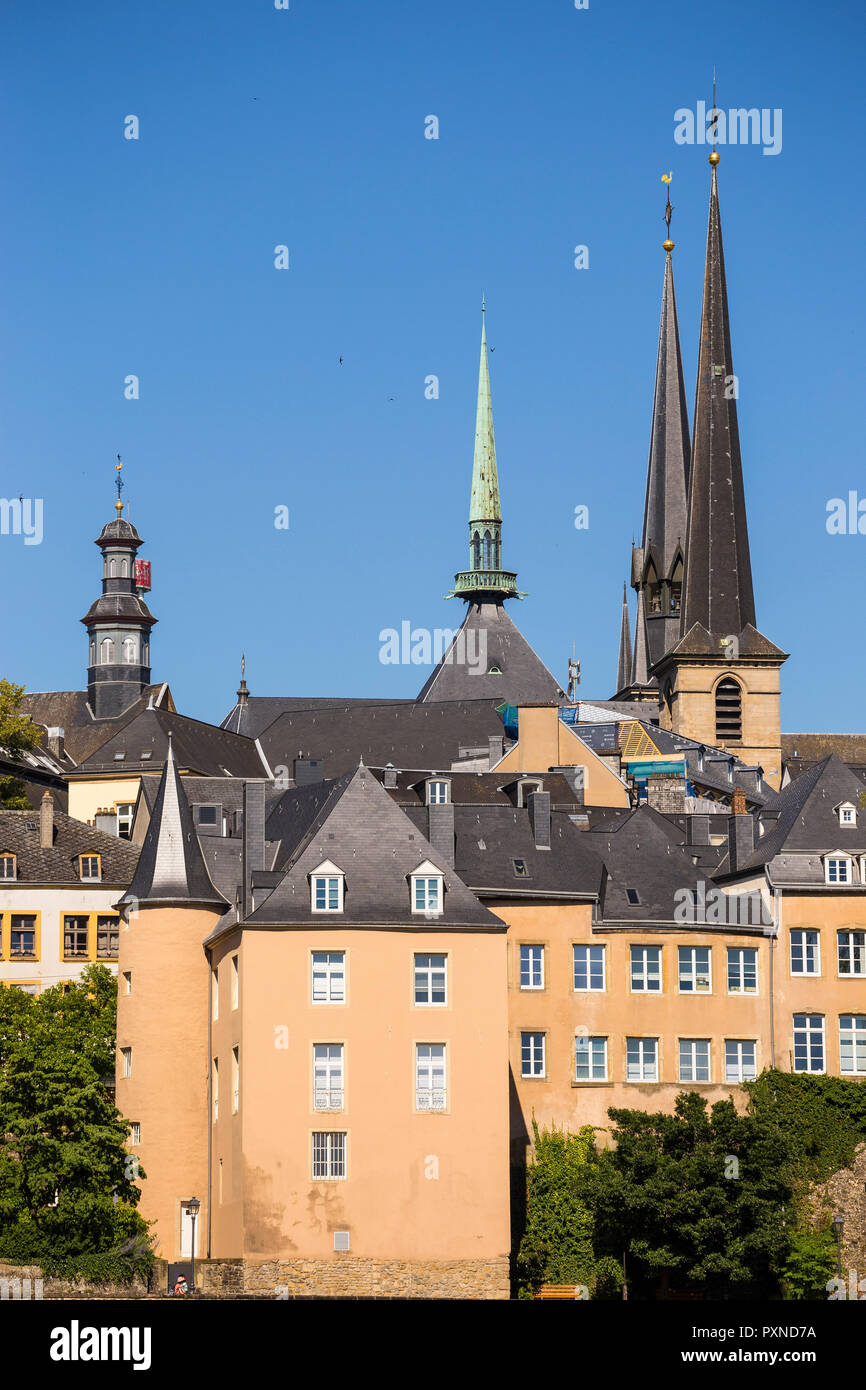 Luxembourg, Luxembourg City, The Corniche (Chemin de la Corniche) and spires of Our Lady of Luxembourg Cathedral - known as Notre-Dame Cathedral Stock Photo