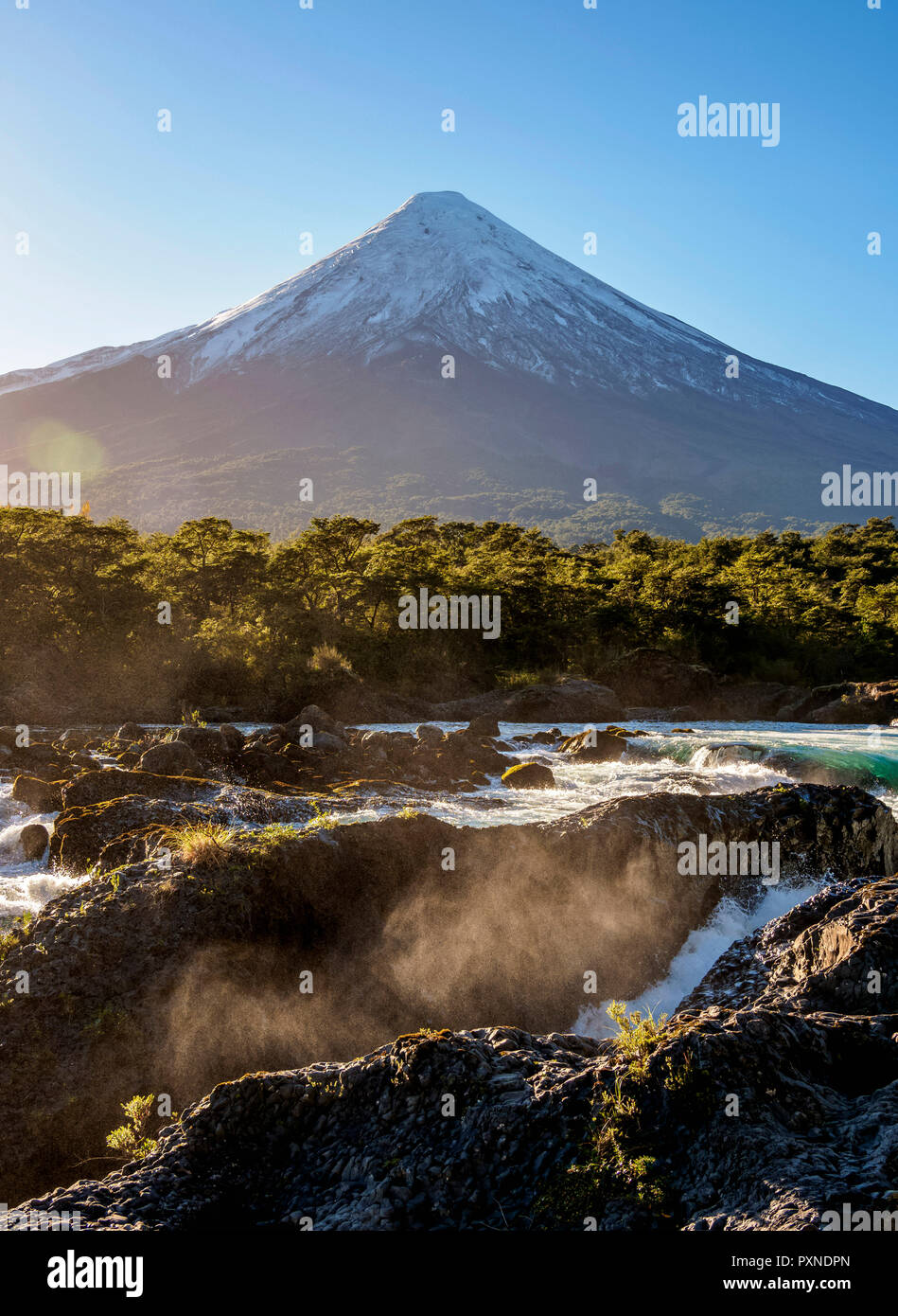 Petrohue Waterfalls and Osorno Volcano, Petrohue, Llanquihue Province, Los Lagos Region, Chile Stock Photo