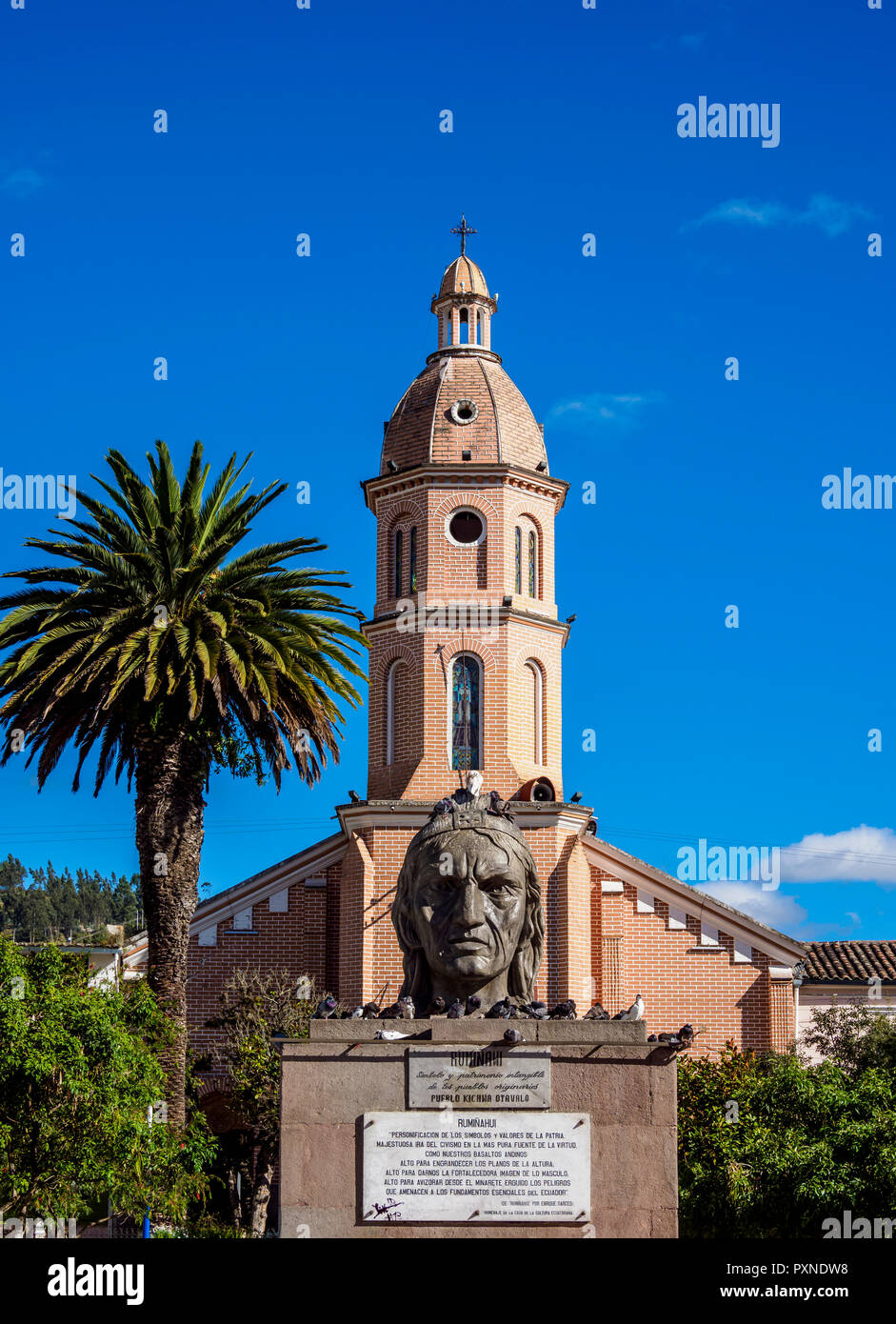 Ruminawi Monument and San Luis Church, Simon Bolivar Park, Otavalo, Imbabura Province, Ecuador Stock Photo