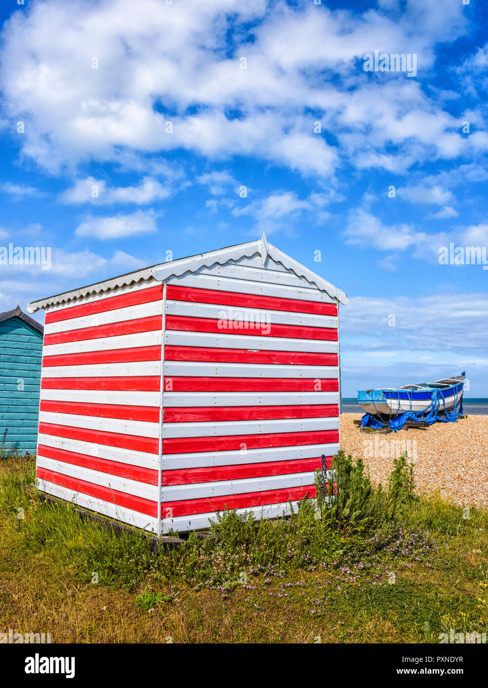 Beach huts at Littlestone, Kent, England Stock Photo