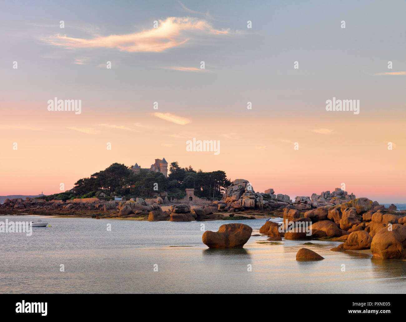 France, Brittany, Cote de Granit Rose (Pink Granite Coast), Cotes d'Armor,  Tregastel, Ile de Costaeres and castle at dusk Stock Photo - Alamy